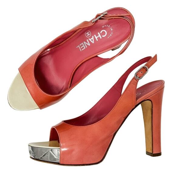 Chanel Pink Patent Leather Platform Block Heel Sling Backs size 37.5/ US6.5–7 - Picture 15 of 15